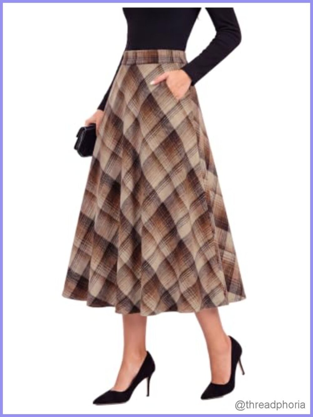 High Waisted Plaid A-Line Midi Skirt with Pockets